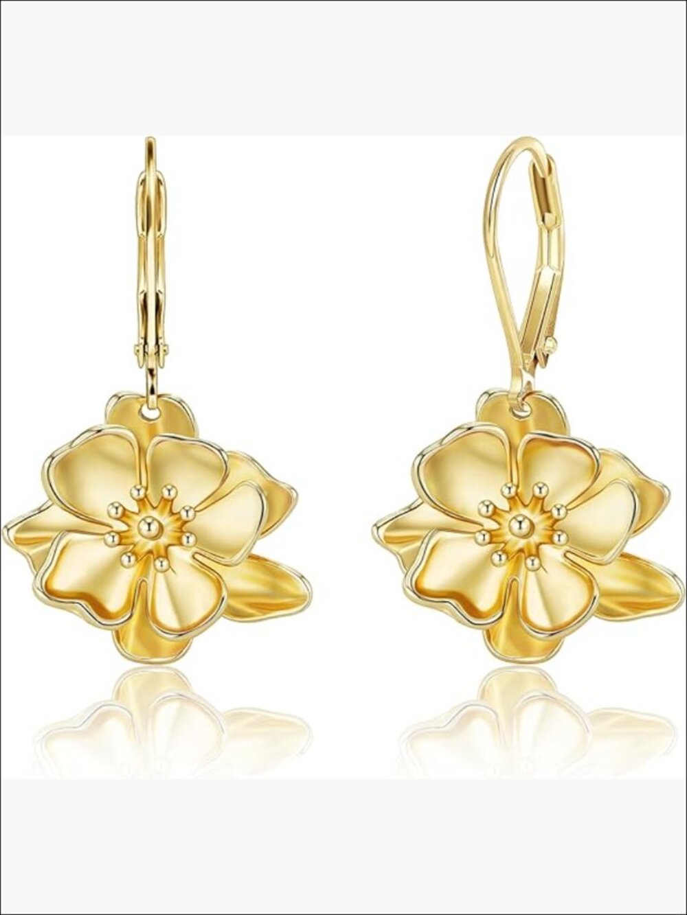 Sterling Silver Leverback Flower Dangle Earrings 14K Gold Plated
